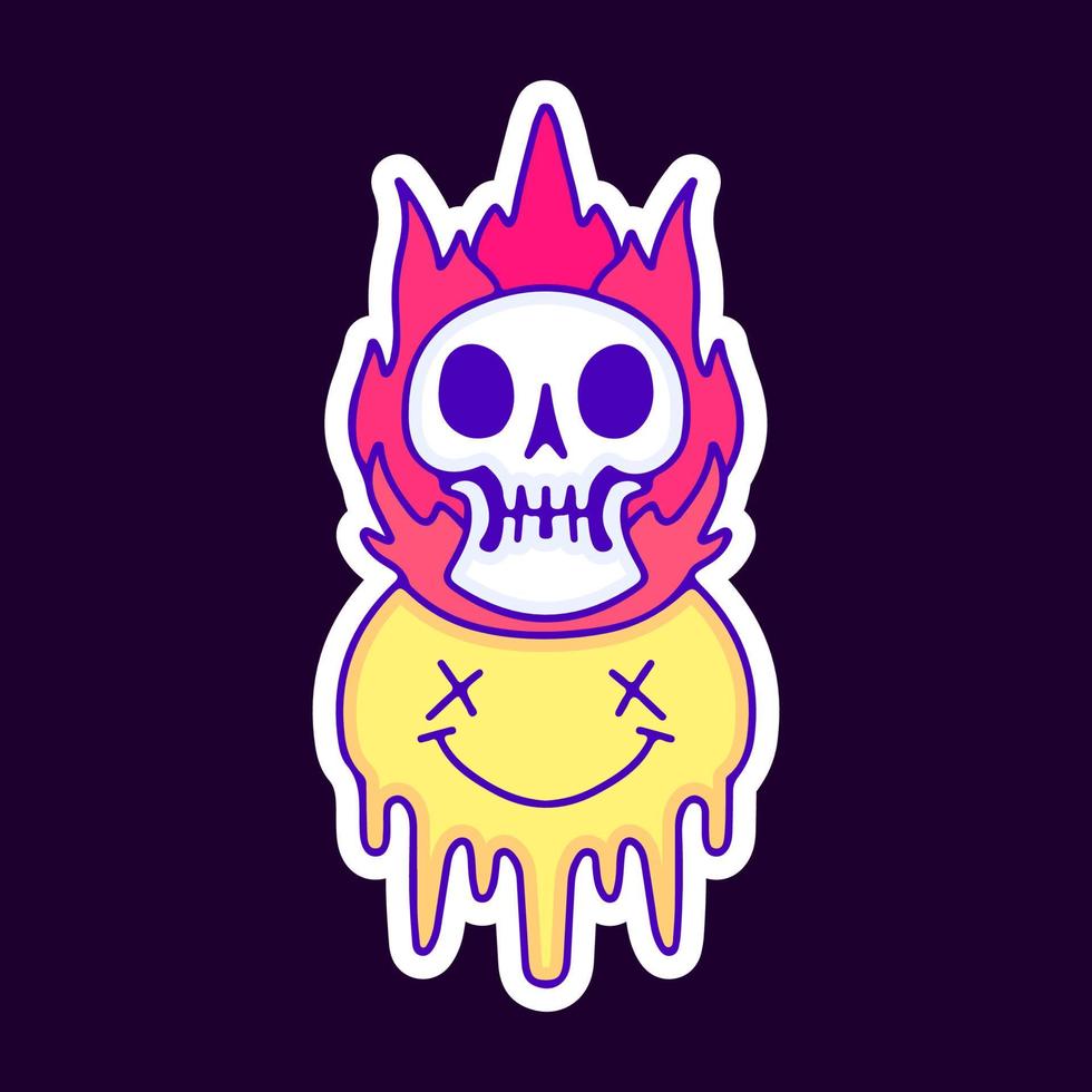 Melted smile face and flaming skull cartoon, illustration for t-shirt, sticker, or apparel merchandise. With modern pop and retro style. vector