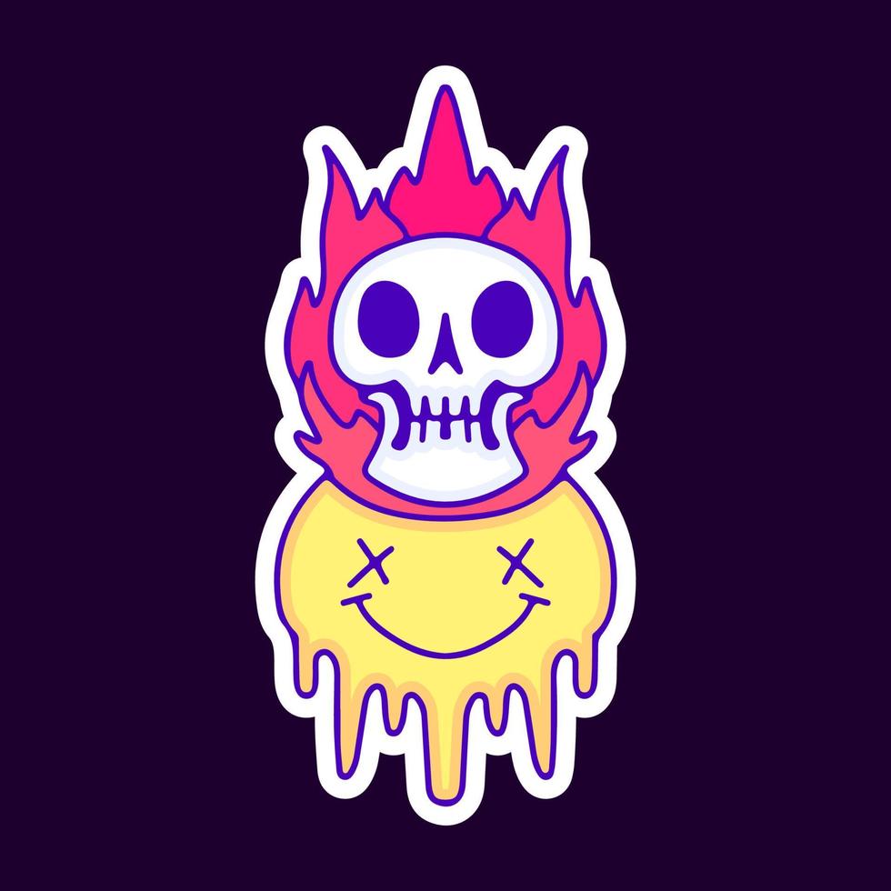 cara de sonrisa derretida y caricatura de calavera en llamas, ilustración para camisetas, pegatinas o prendas de vestir. con pop moderno y estilo retro. vector