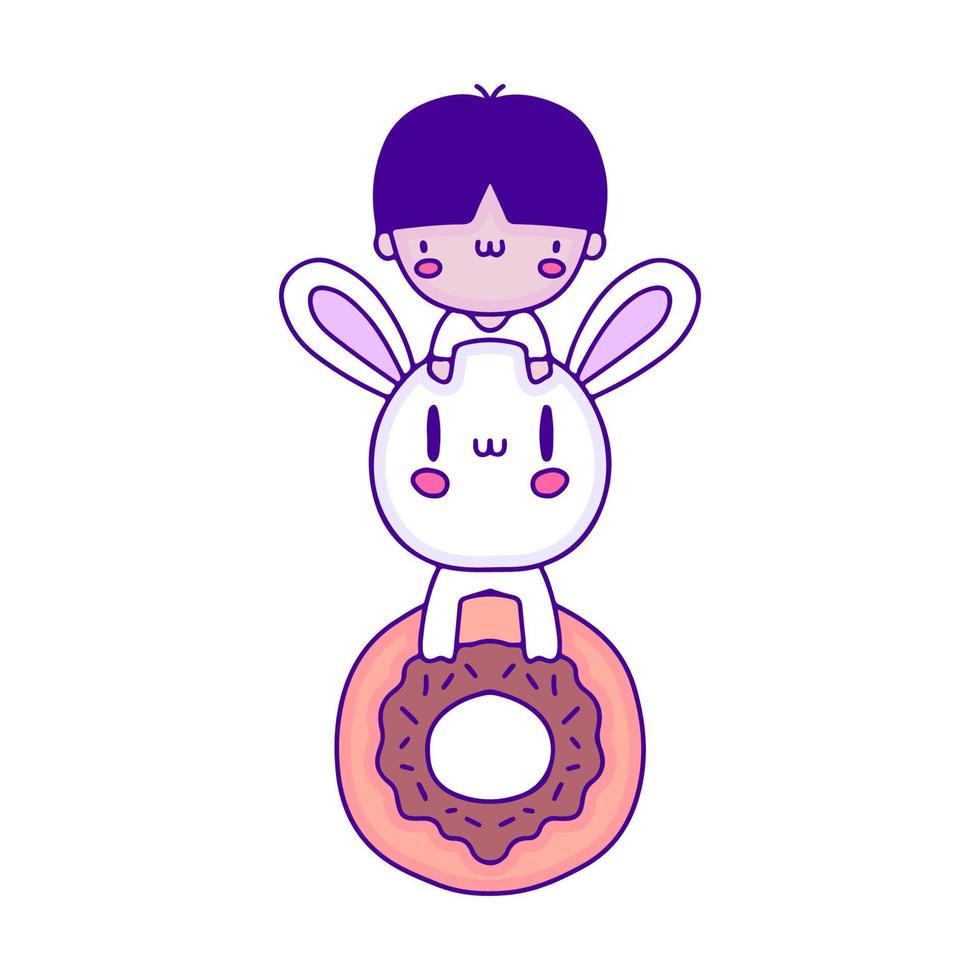 dulce bebé con arte de doodle de conejito y donut, ilustración para camiseta, pegatina o mercancía de ropa. con pop moderno y estilo kawaii. vector