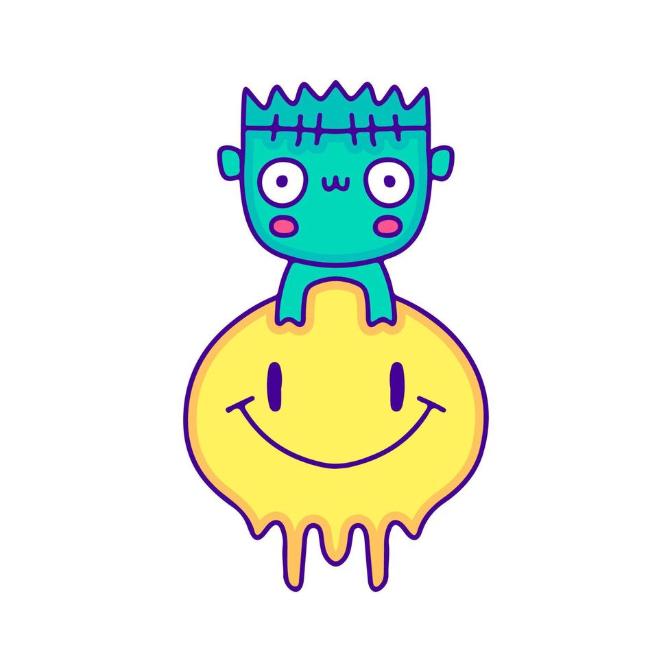 lindo zombi pequeño con cara de sonrisa derretida arte de garabatos, ilustración para camisetas, pegatinas o prendas de vestir. con estilo pop moderno. vector