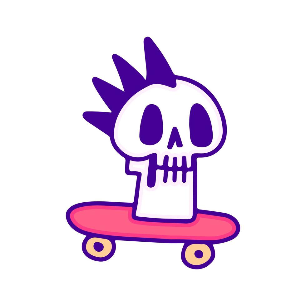 Cool punk skull head y skateboard doodle art, ilustración para camisetas, pegatinas o prendas de vestir. con estilo pop moderno. vector