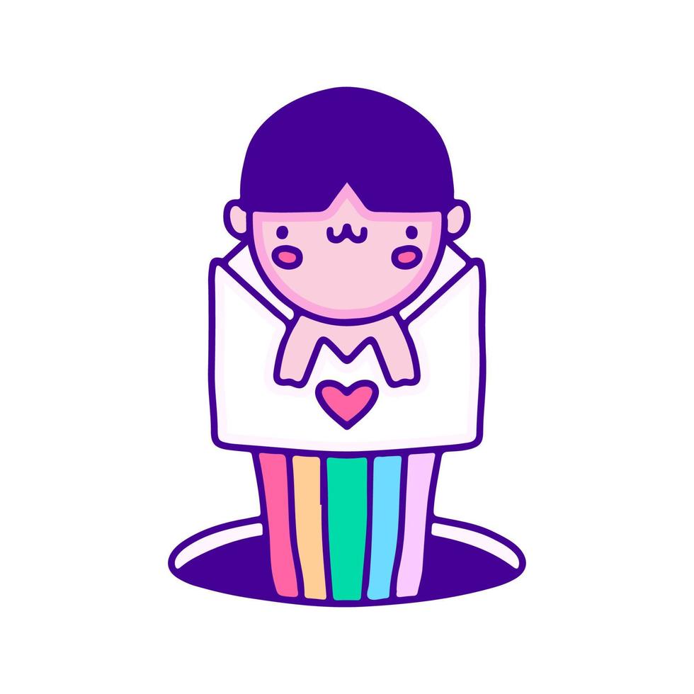 Kawaii baby in envelope with rainbow doodle art, illustration for t-shirt, sticker, or apparel merchandise. With modern pop style. vector