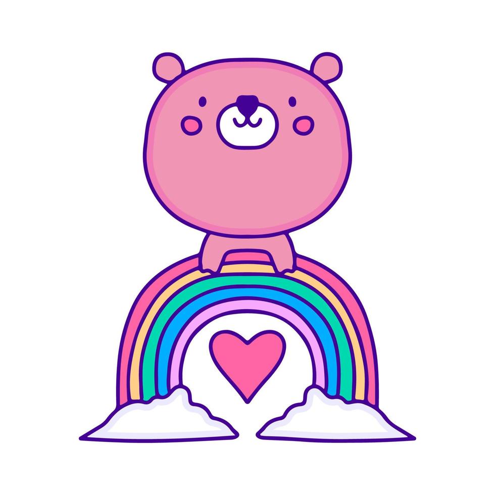Cute bear with rainbow and clouds doodle art, illustration for t-shirt, sticker, or apparel merchandise. With modern pop and kawaii style. vector