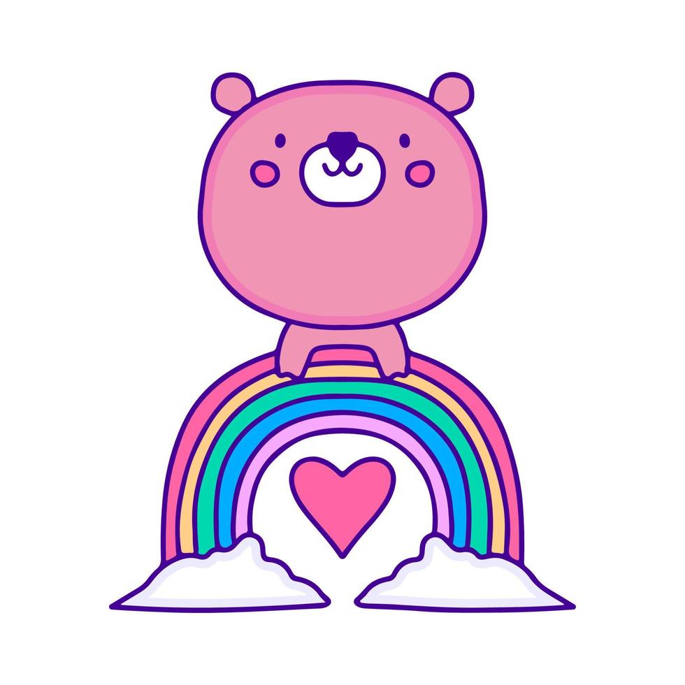 Cute bear with rainbow and clouds doodle art, illustration for t-shirt, sticker, or apparel merchandise. With modern pop and kawaii style. vector