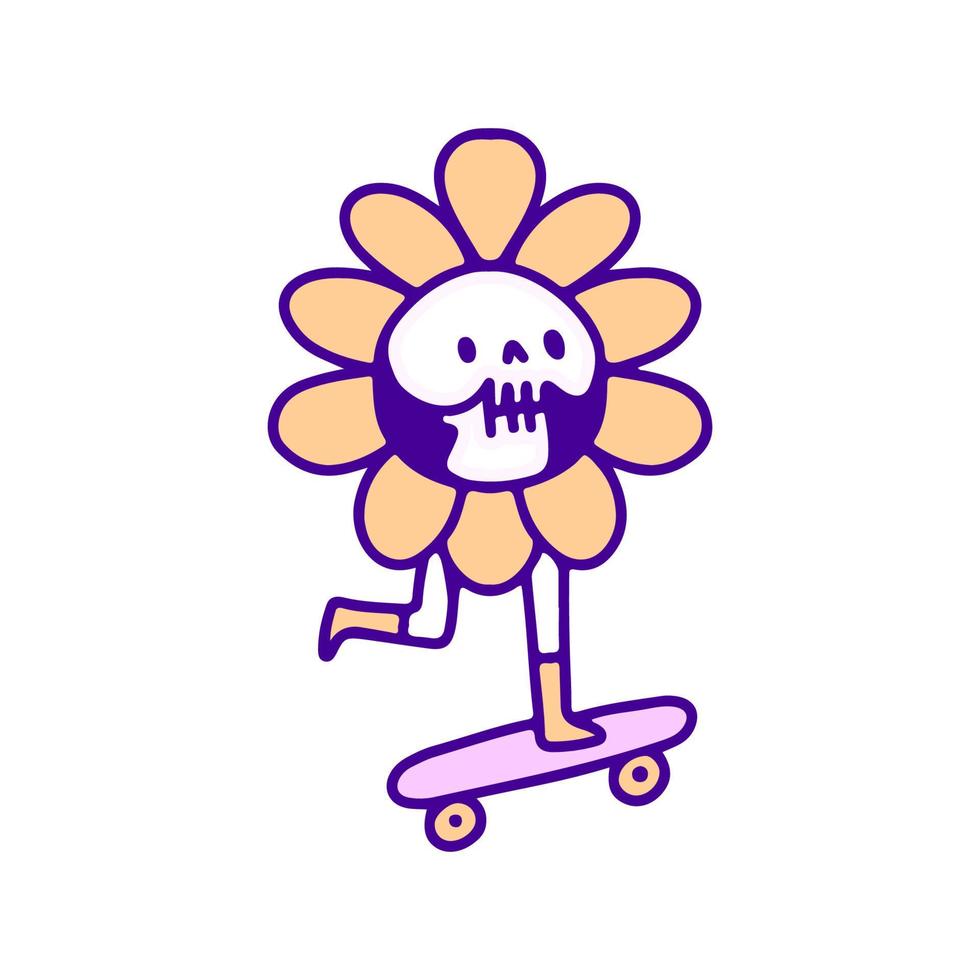 lindo cráneo girasol skateboarding doodle art, ilustración para t-pantalones, pegatinas o prendas de vestir. con estilo pop moderno. vector