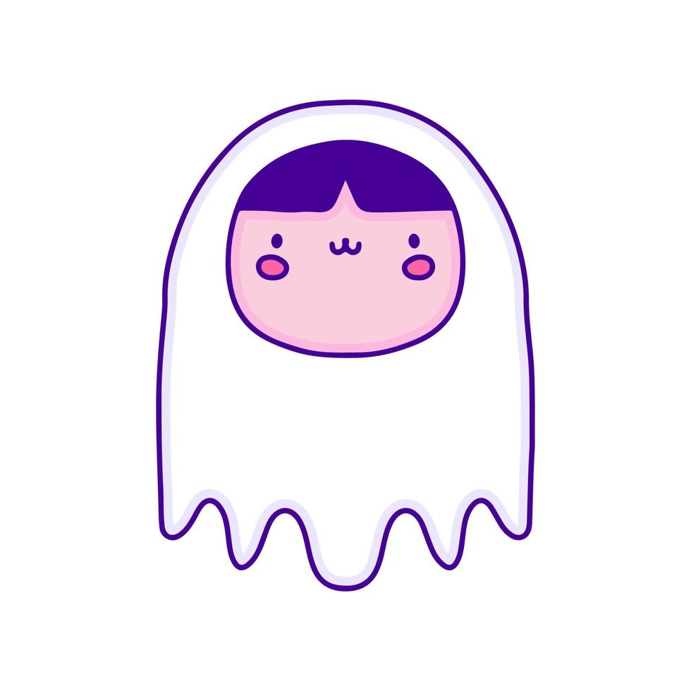 Cute kid with ghost costume doodle art, illustration for t-shirt, sticker, or apparel merchandise. With modern pop style. vector