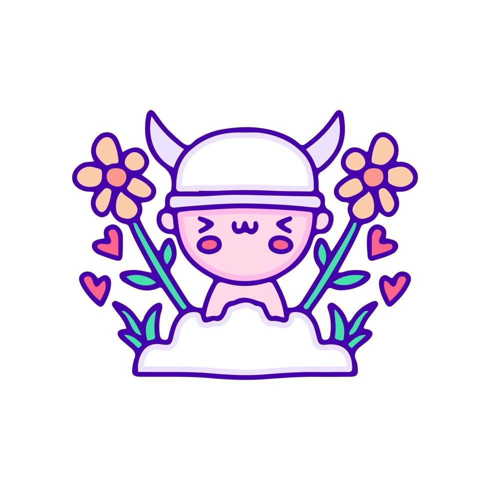 Cute baby Viking with sunflower doodle art, illustration for t-shirt, sticker, or apparel merchandise. With modern pop and kawaii style. vector