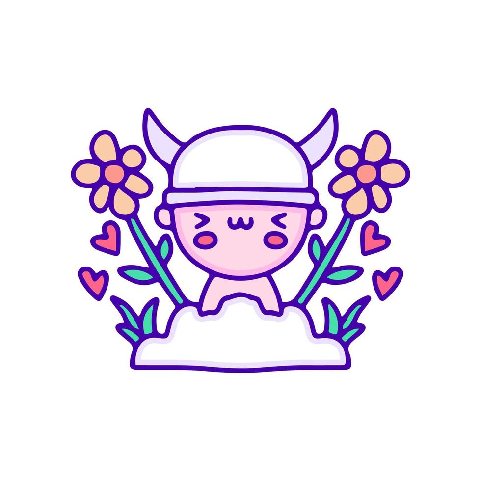 lindo bebé vikingo con arte de garabatos de girasol, ilustración para camisetas, pegatinas o prendas de vestir. con pop moderno y estilo kawaii. vector