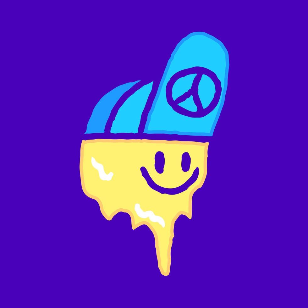 Melted smile face wearing snap back hat cartoon, illustration for t-shirt, sticker, or apparel merchandise. With modern pop and retro style. vector