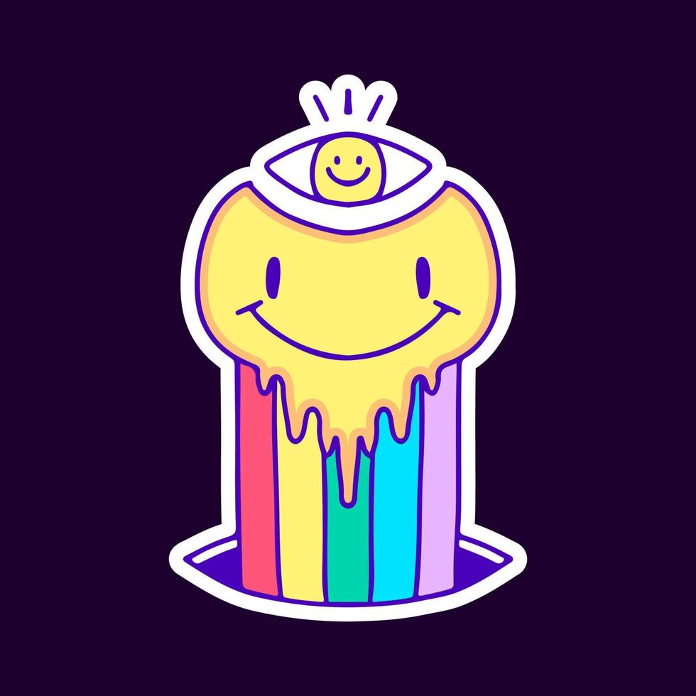 cara de sonrisa triposa con arco iris y dibujos animados de un ojo, ilustración para camisetas, pegatinas o prendas de vestir. con pop moderno y estilo urbano. vector