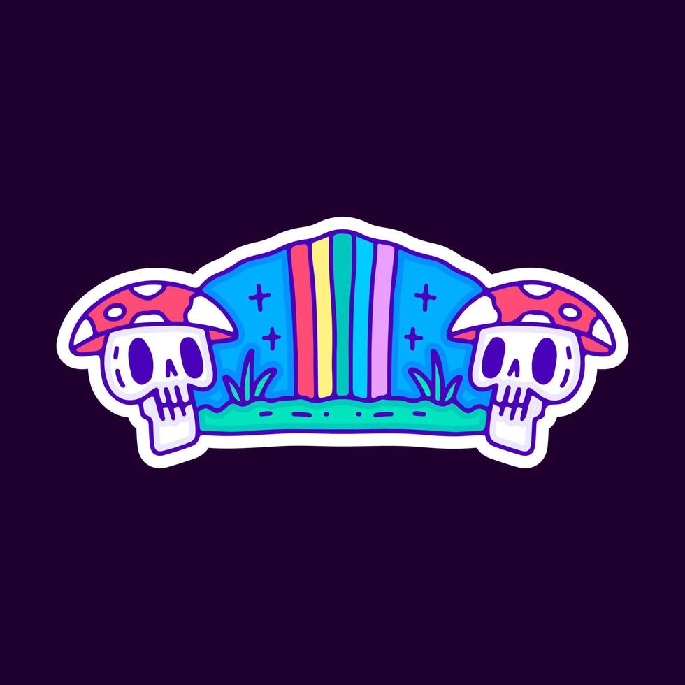 cráneo de hongo mágico con caricatura de paisaje de arco iris, ilustración para camiseta, pegatina o mercancía de ropa. con pop moderno y estilo urbano. vector