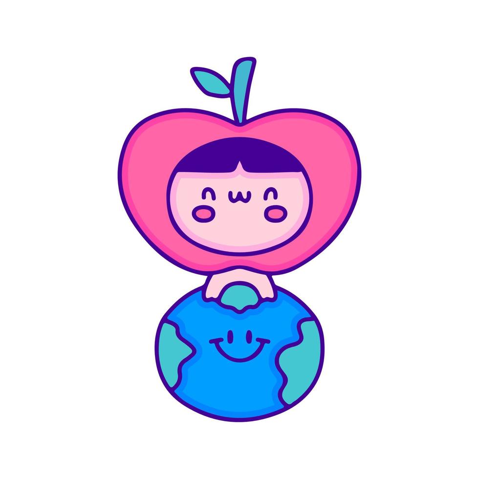 Cute baby in apple costume with earth planet doodle art, illustration for t-shirt, sticker, or apparel merchandise. With modern pop and kawaii style. vector