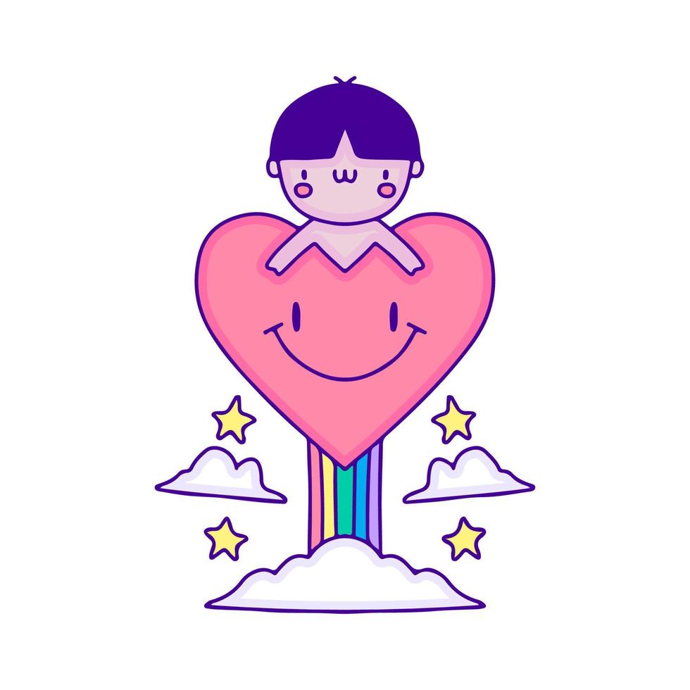 lindo bebé con amor, arco iris y arte de garabatos en la nube, ilustración para camisetas, calcomanías o prendas de vestir. con pop moderno y estilo kawaii. vector