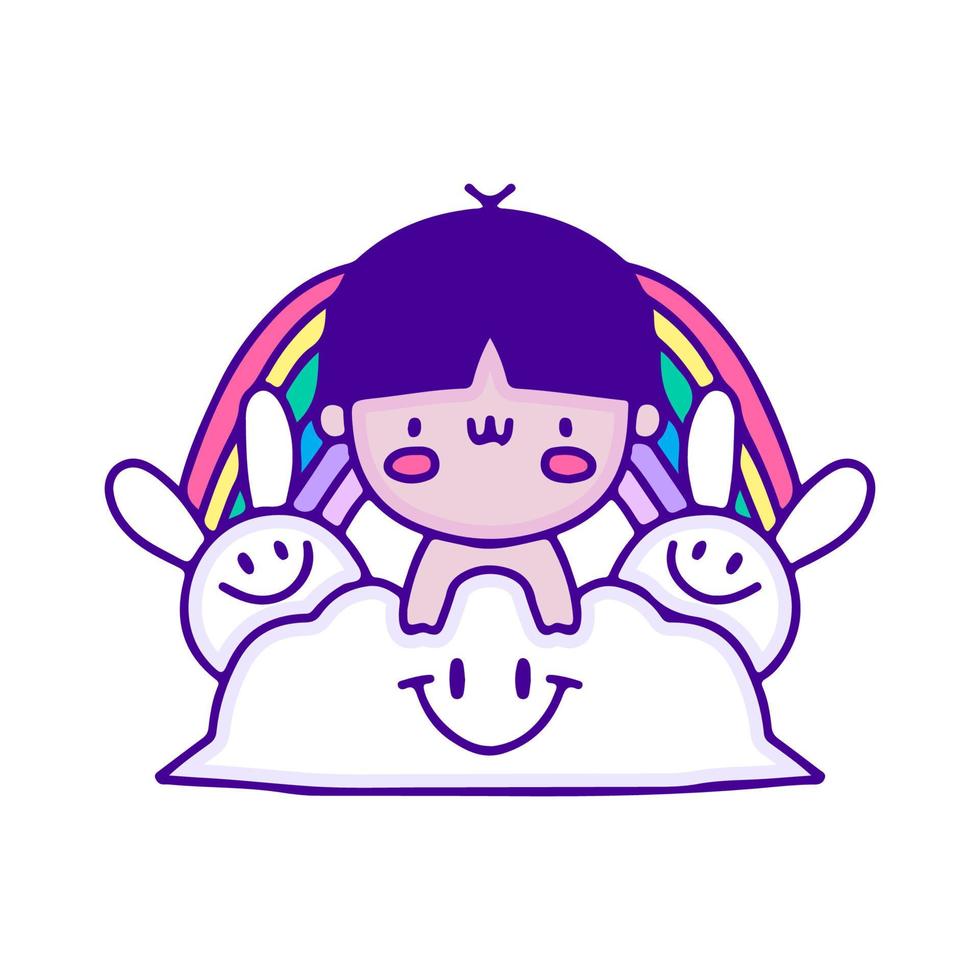 Sweet baby in cloud with bunny and rainbow doodle art, illustration for t-shirt, sticker, or apparel merchandise. With modern pop and kawaii style. vector