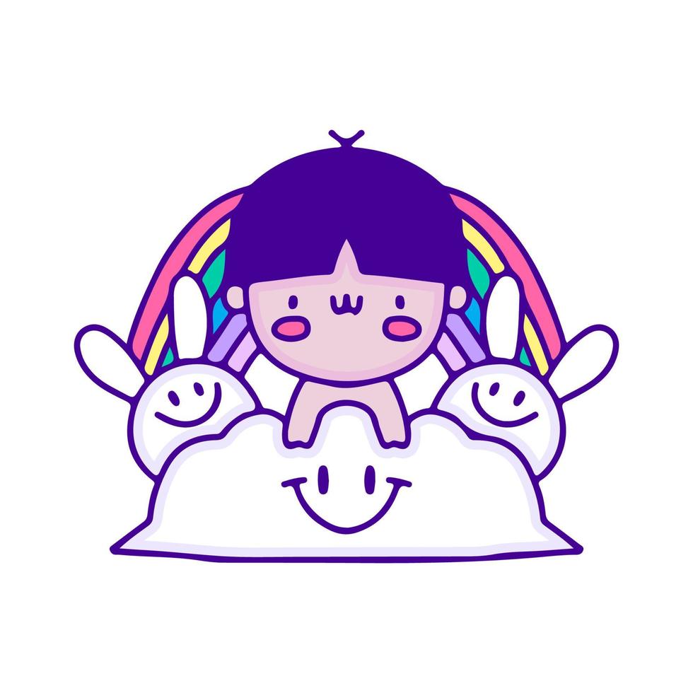 dulce bebé en la nube con arte de garabatos de conejito y arco iris, ilustración para camisetas, calcomanías o prendas de vestir. con pop moderno y estilo kawaii. vector