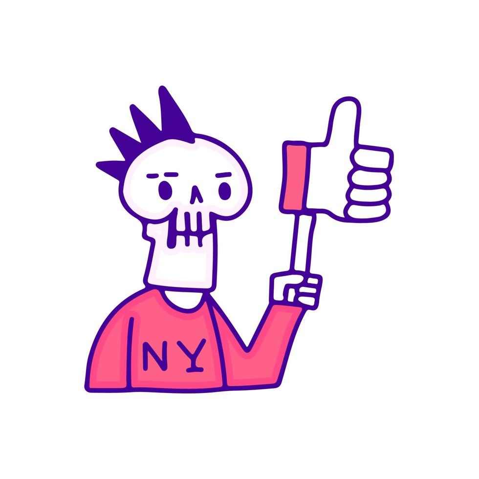 Cool punk skull holding like button doodle art, illustration for t-shirt, sticker, or apparel merchandise. With modern pop style. vector