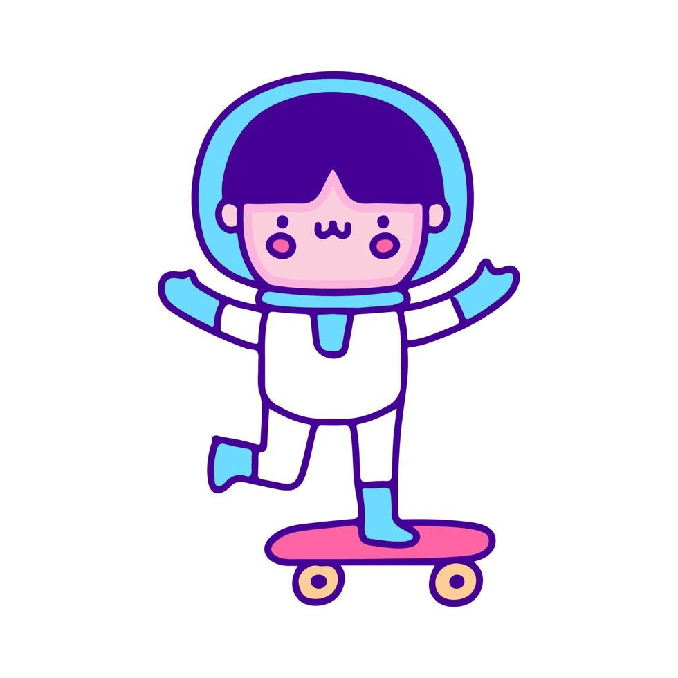 lindo bebé astronauta montando arte de garabatos de patineta, ilustración para camisetas, pegatinas o prendas de vestir. con pop moderno y estilo kawaii. vector