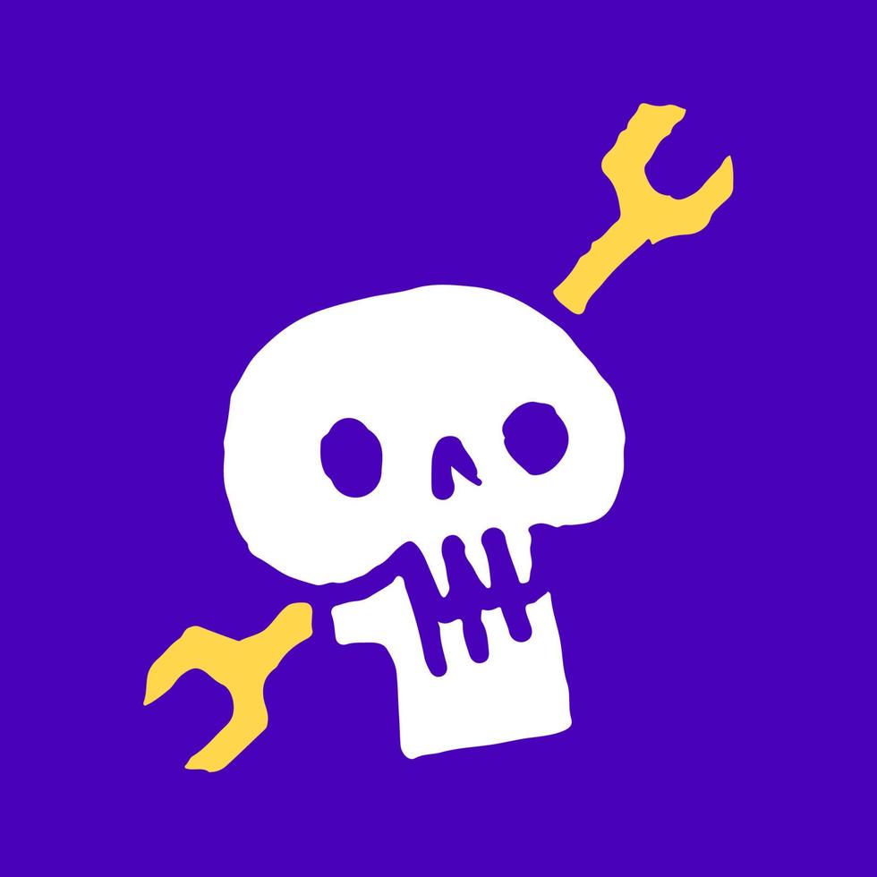 Skeleton head and wrench cartoon, illustration for t-shirt, sticker, or apparel merchandise. With modern pop and urban style. vector