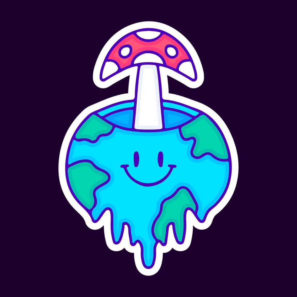 Magic mushroom inside melted earth planet cartoon, illustration for t-shirt, sticker, or apparel merchandise. With modern pop and retro style. vector