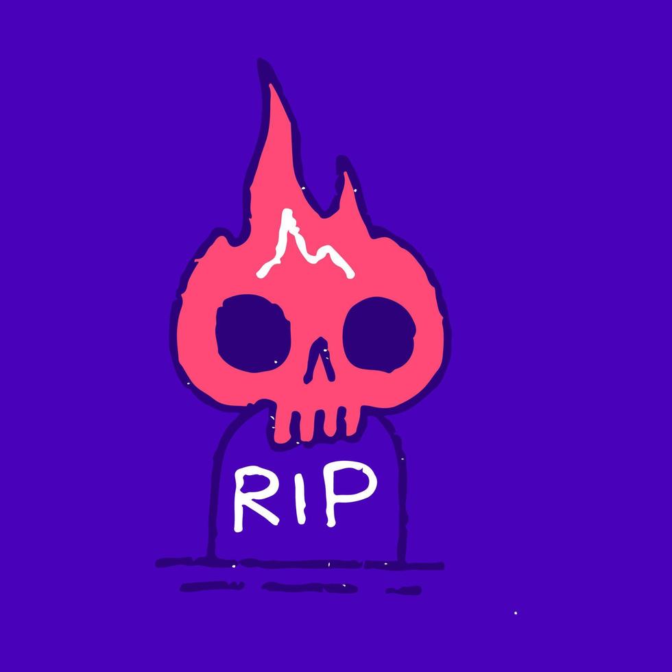 Burning skull on tombstone, illustration for t-shirt, sticker, or apparel merchandise. With modern pop and retro style. vector