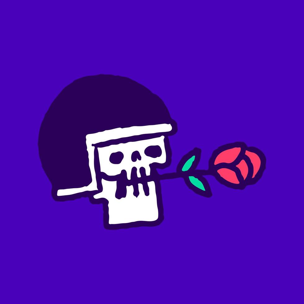 Rider skull biting rose flower cartoon, illustration for t-shirt, sticker, or apparel merchandise. With modern pop and retro style. vector