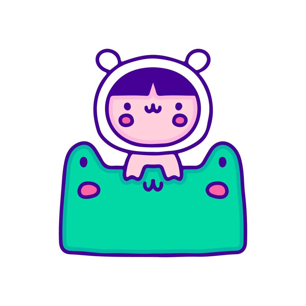 Sweet baby in animal costume with frog doodle art, illustration for t-shirt, sticker, or apparel merchandise. With modern pop and kawaii style. vector