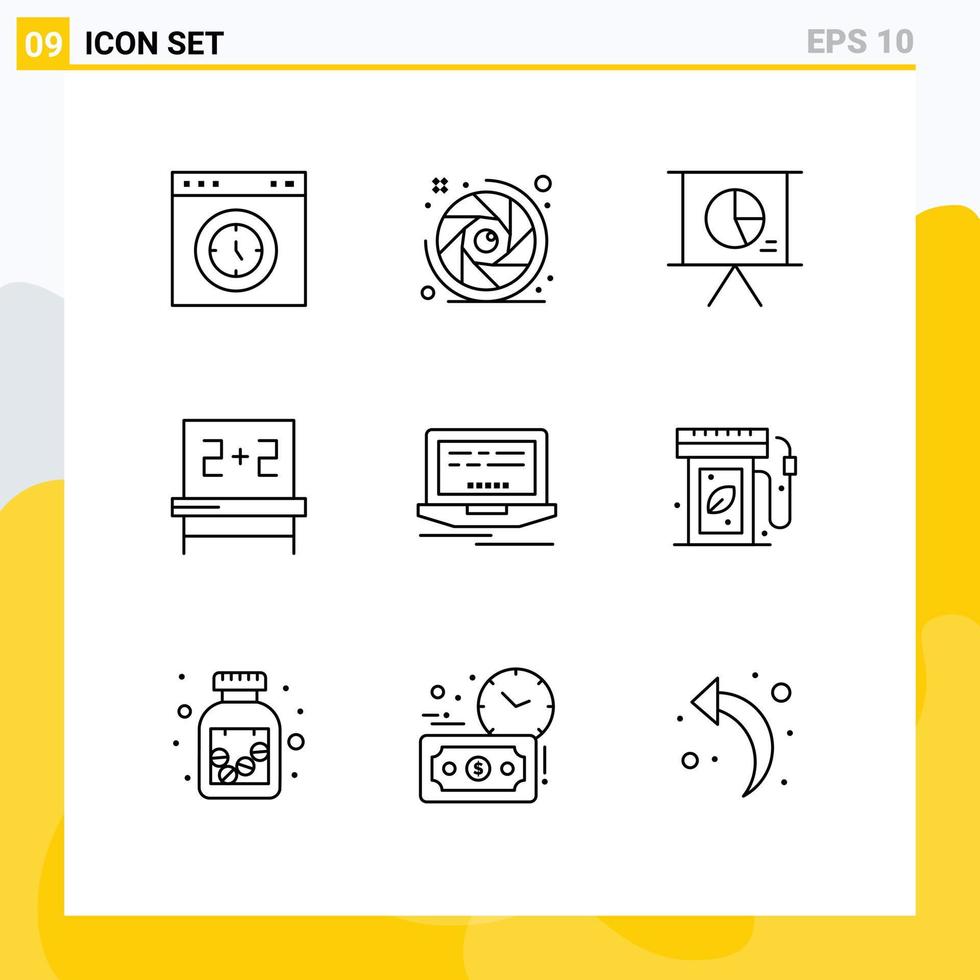 Editable Vector Line Pack of 9 Simple Outlines of web studies lens aperture education slide Editable Vector Design Elements
