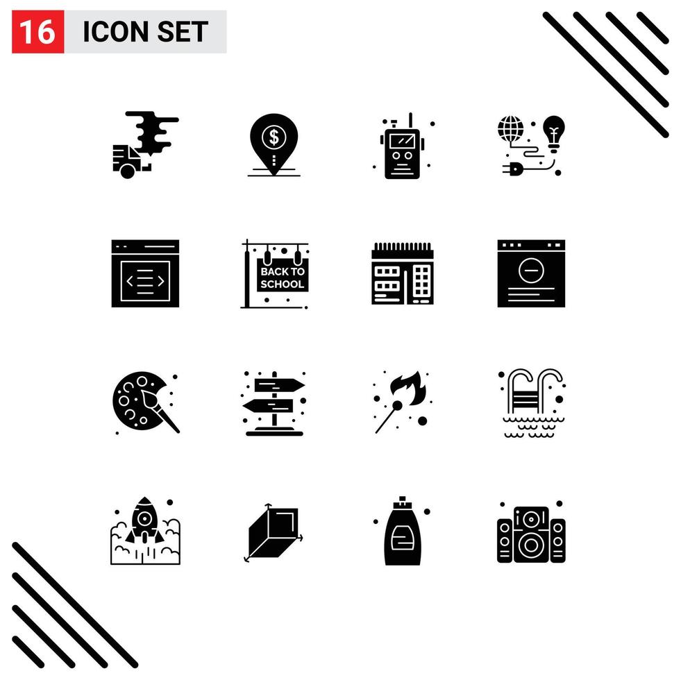 Group of 16 Solid Glyphs Signs and Symbols for light protection location fire radio transceiver Editable Vector Design Elements