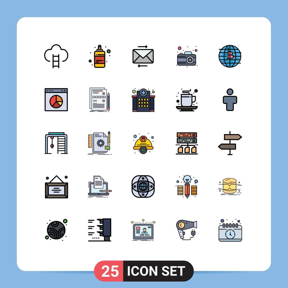 Set of 25 Vector Filled line Flat Colors on Grid for blockchain picture printing photography camera Editable Vector Design Elements