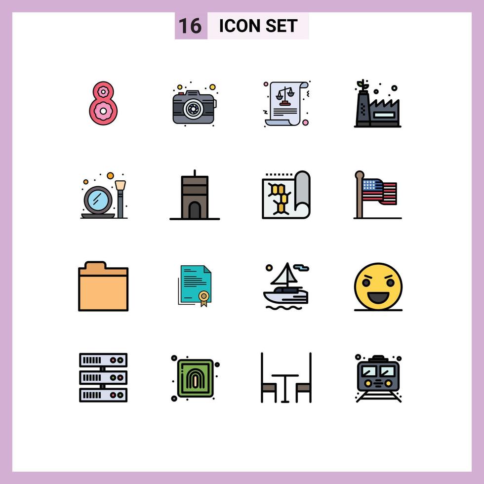 Mobile Interface Flat Color Filled Line Set of 16 Pictograms of make up brush make equality glass ecology factory Editable Creative Vector Design Elements
