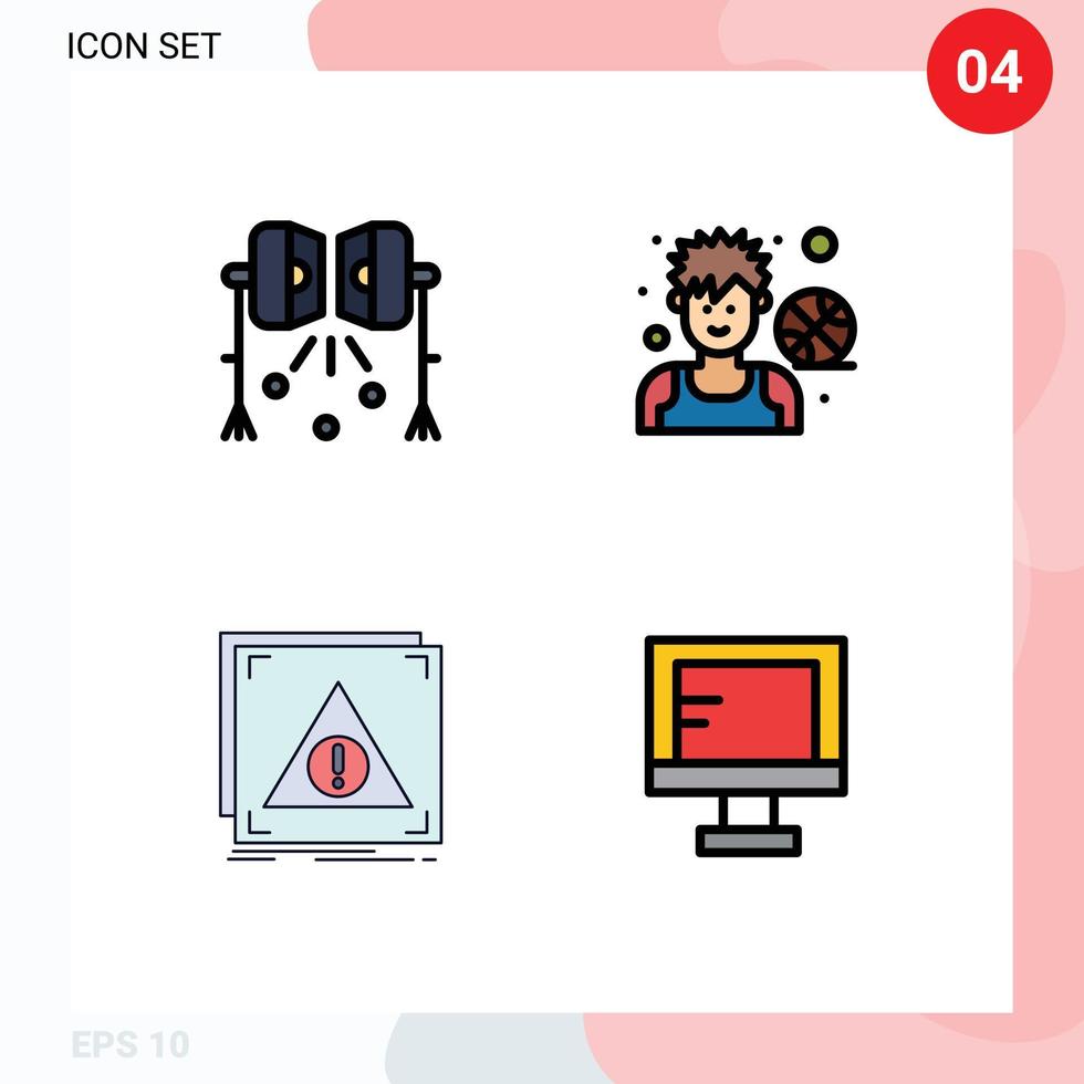 grupo de 4 signos y símbolos de colores planos de línea rellena para elementos de diseño vectorial editables de aplicación de avatar de iluminación de estudio de jugador vector