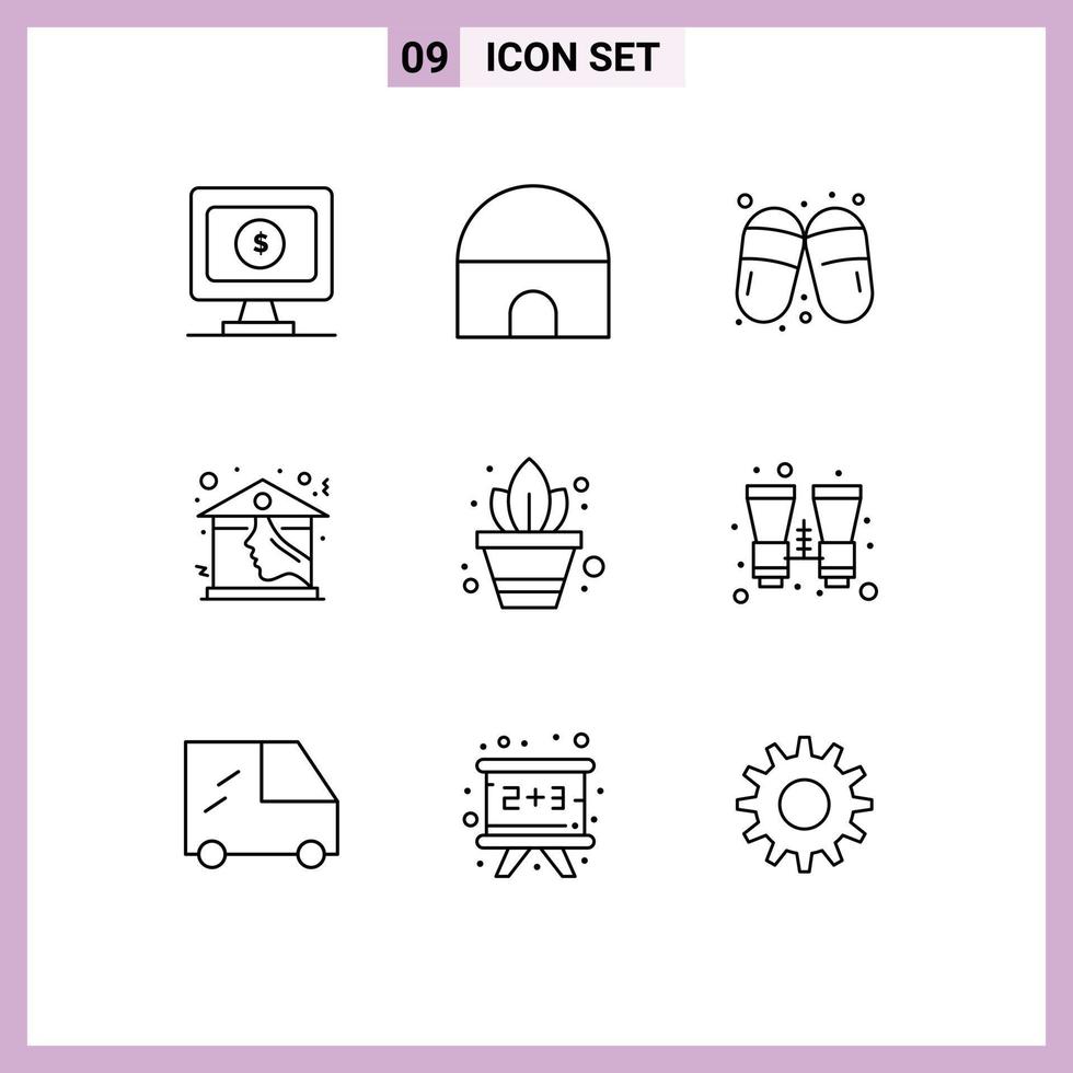 Pictogram Set of 9 Simple Outlines of potted plant gardening woman roof house Editable Vector Design Elements