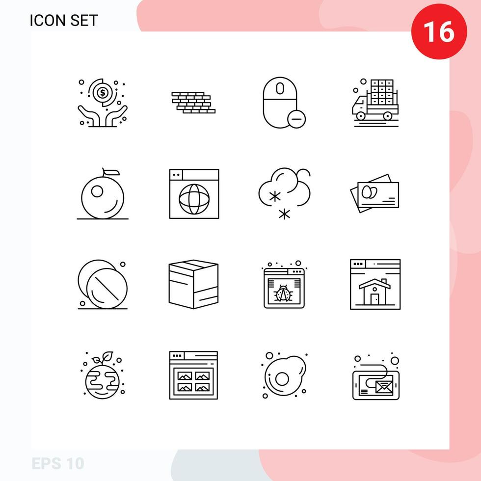 Pack of 16 Modern Outlines Signs and Symbols for Web Print Media such as truck farm bricks agriculture mouse Editable Vector Design Elements