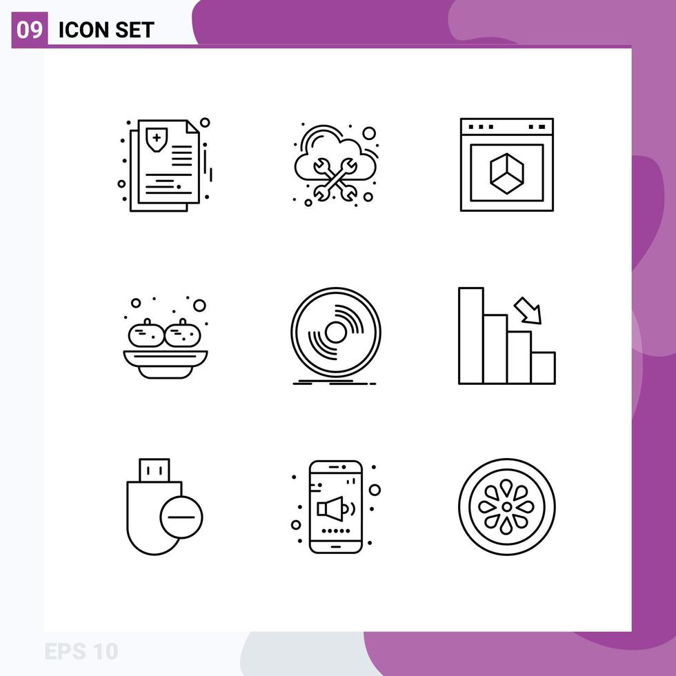 Pictogram Set of 9 Simple Outlines of disc india application party site Editable Vector Design Elements