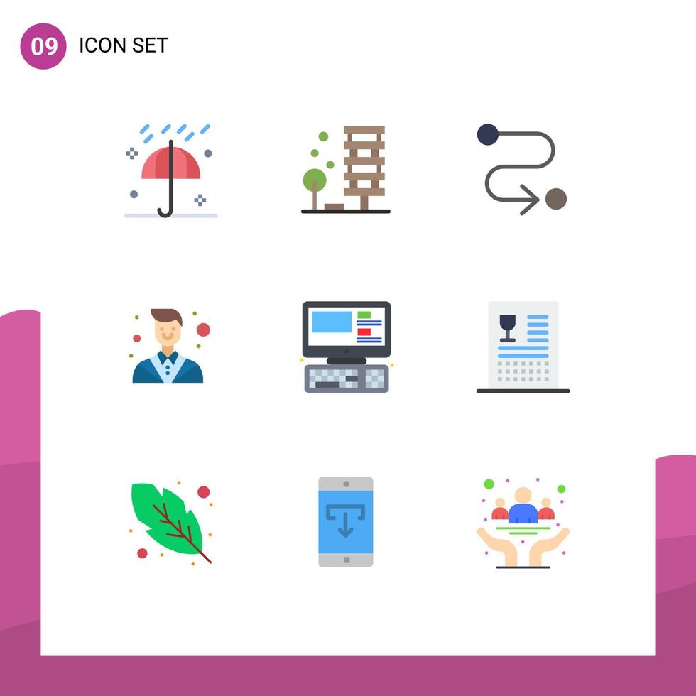 9 Universal Flat Color Signs Symbols of computer employee city counselor route Editable Vector Design Elements