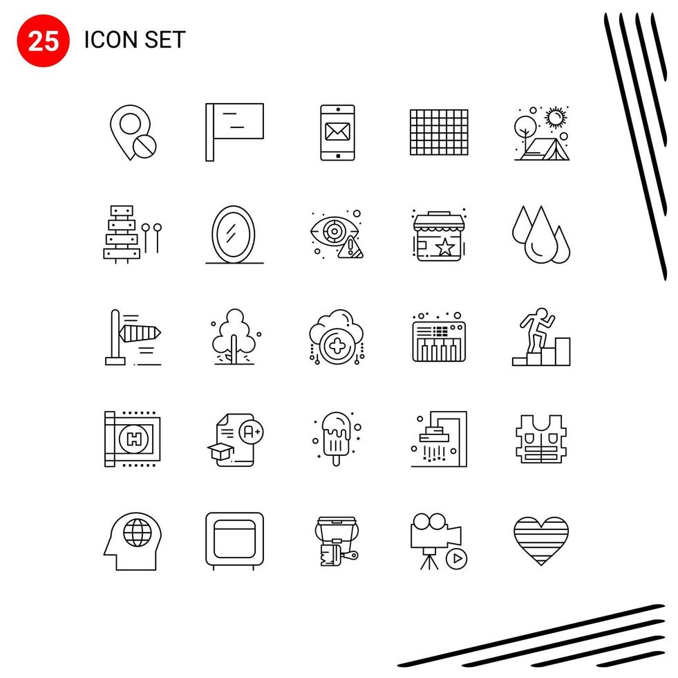 User Interface Pack of 25 Basic Lines of outdoors camping mobile camp chocolate Editable Vector Design Elements