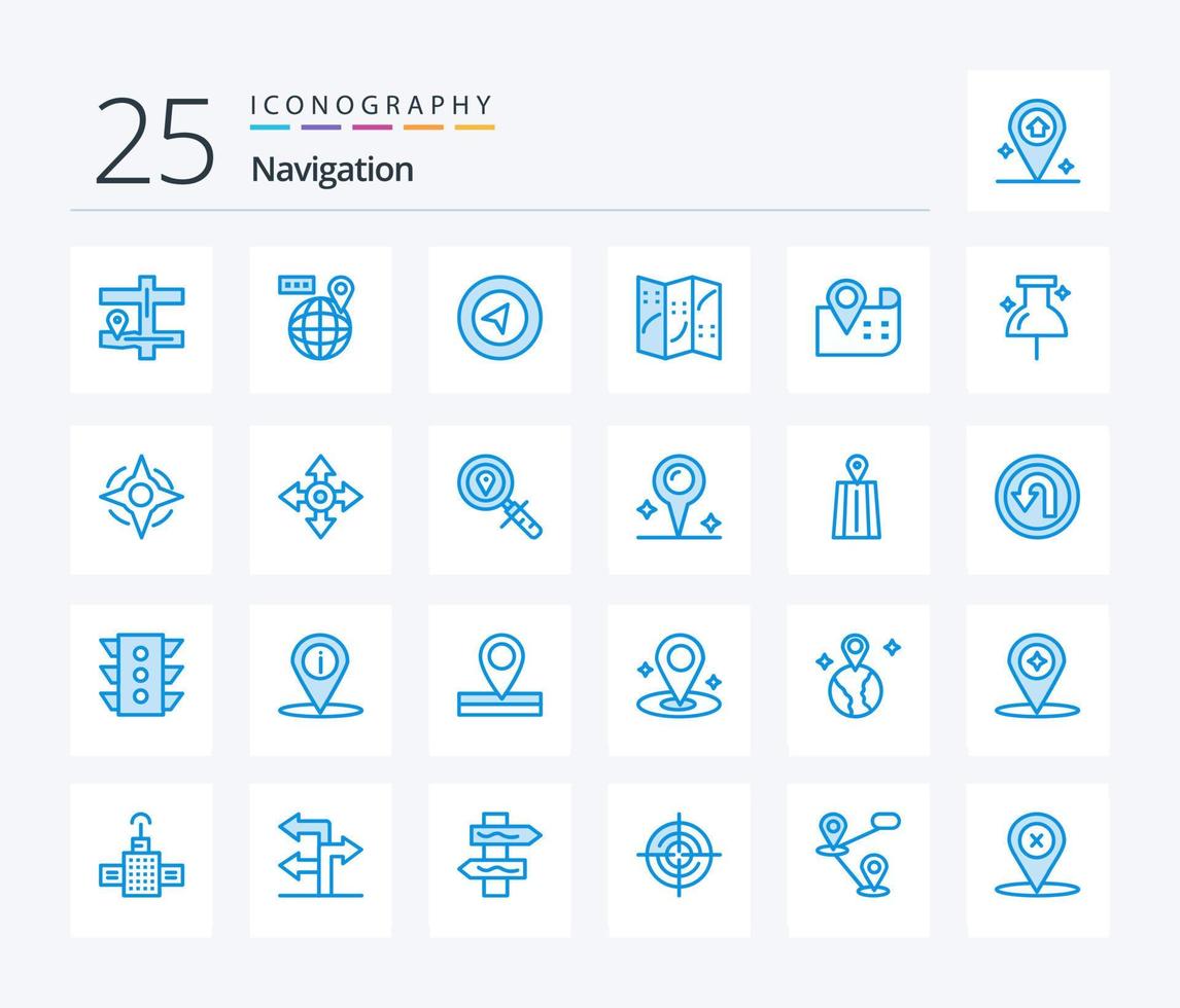 paquete de iconos de color azul de navegación 25 que incluye mapa. manera. navegación. navegación. alfiler vector