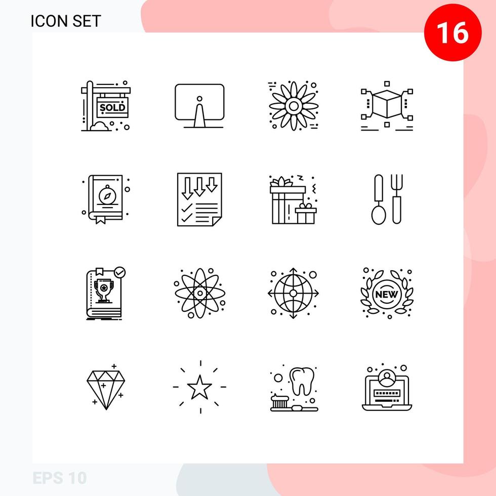 User Interface Pack of 16 Basic Outlines of book box monitor puzzle cube Editable Vector Design Elements