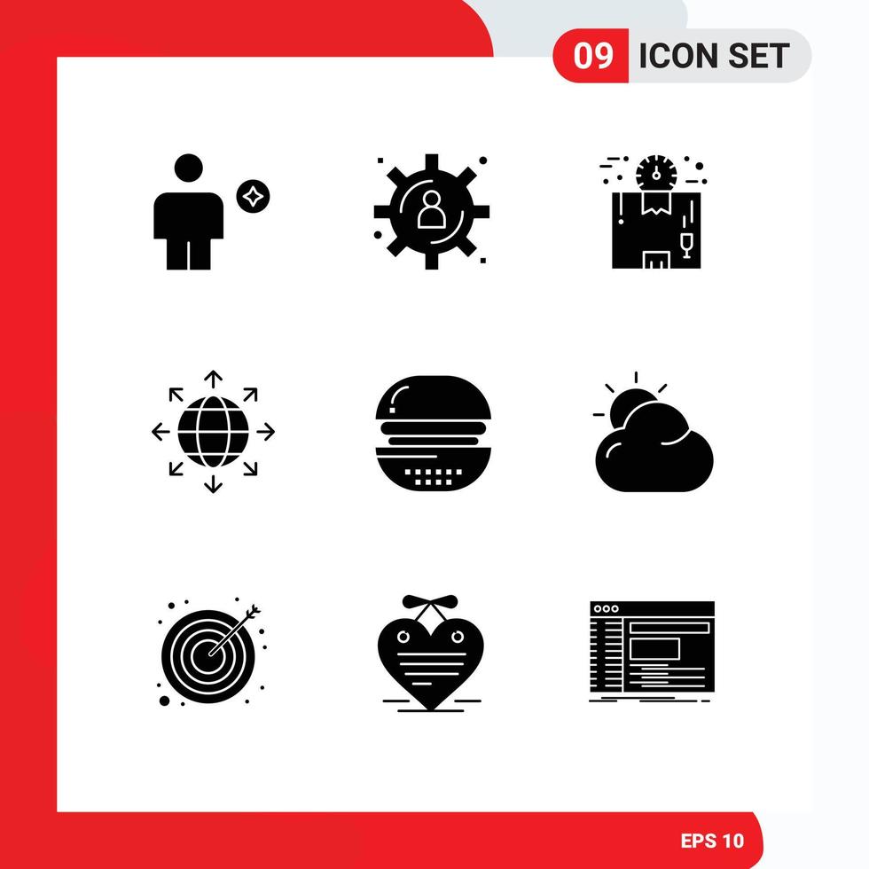 Modern Set of 9 Solid Glyphs Pictograph of burger network box global time Editable Vector Design Elements