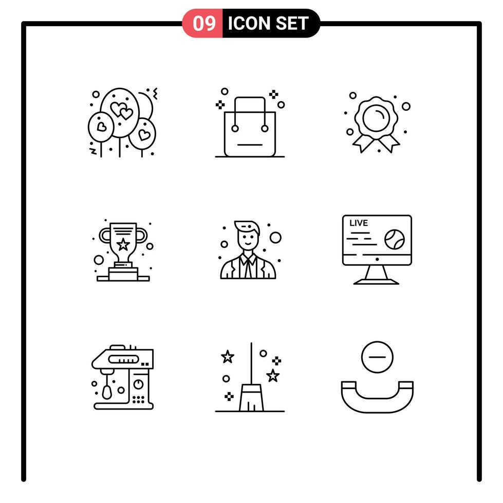 Pictogram Set of 9 Simple Outlines of avatar success achievement trophy award Editable Vector Design Elements