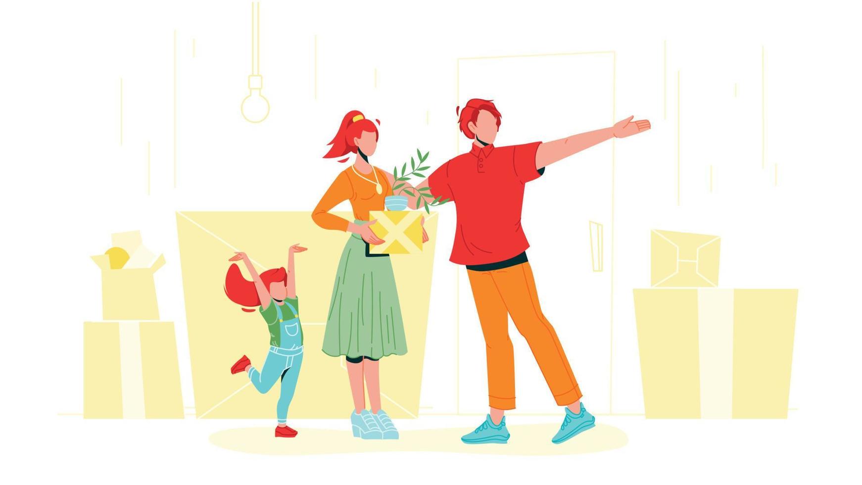 Family With Carton Boxes Moving In House Vector