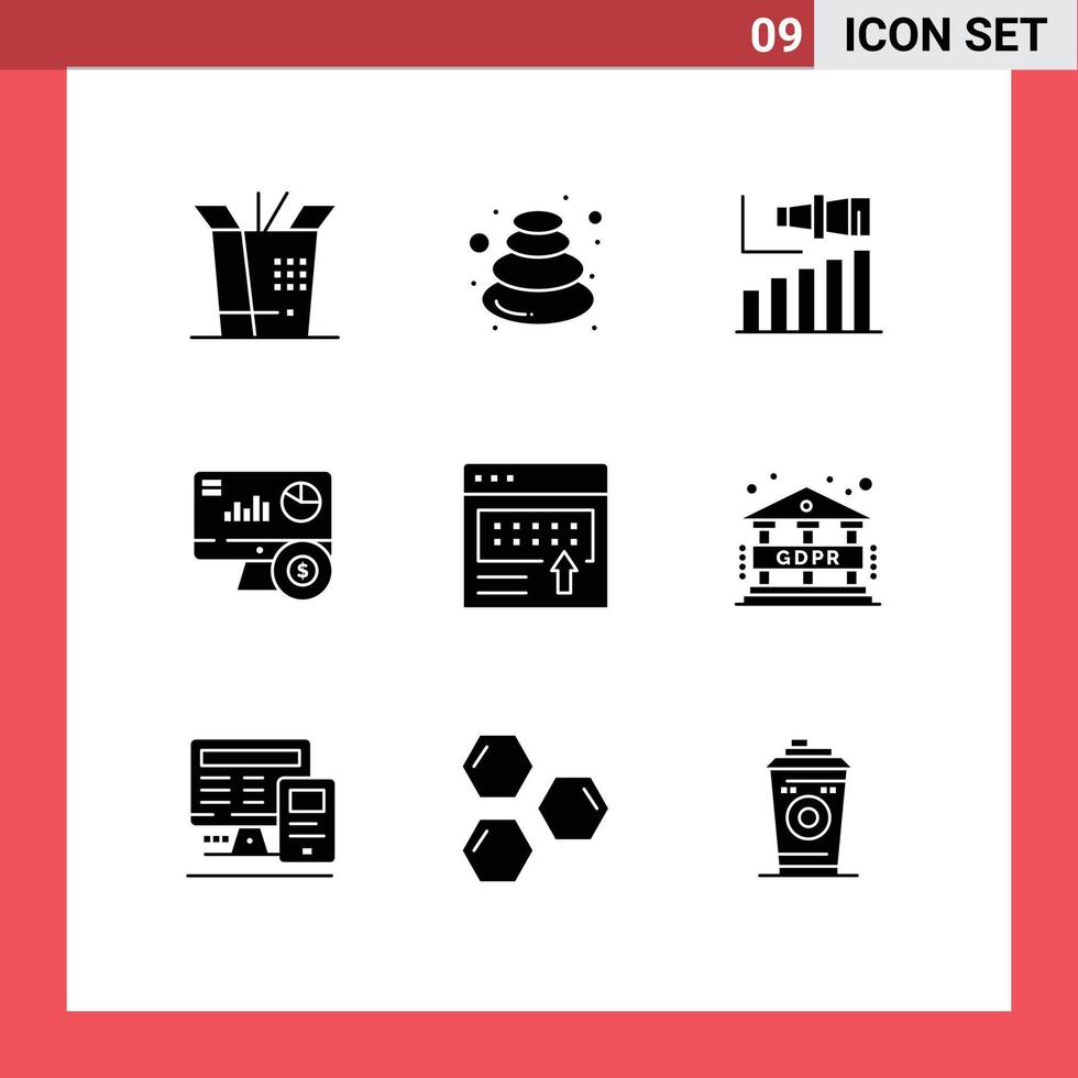 Pack of 9 Modern Solid Glyphs Signs and Symbols for Web Print Media such as announcement investment long graph monitor Editable Vector Design Elements
