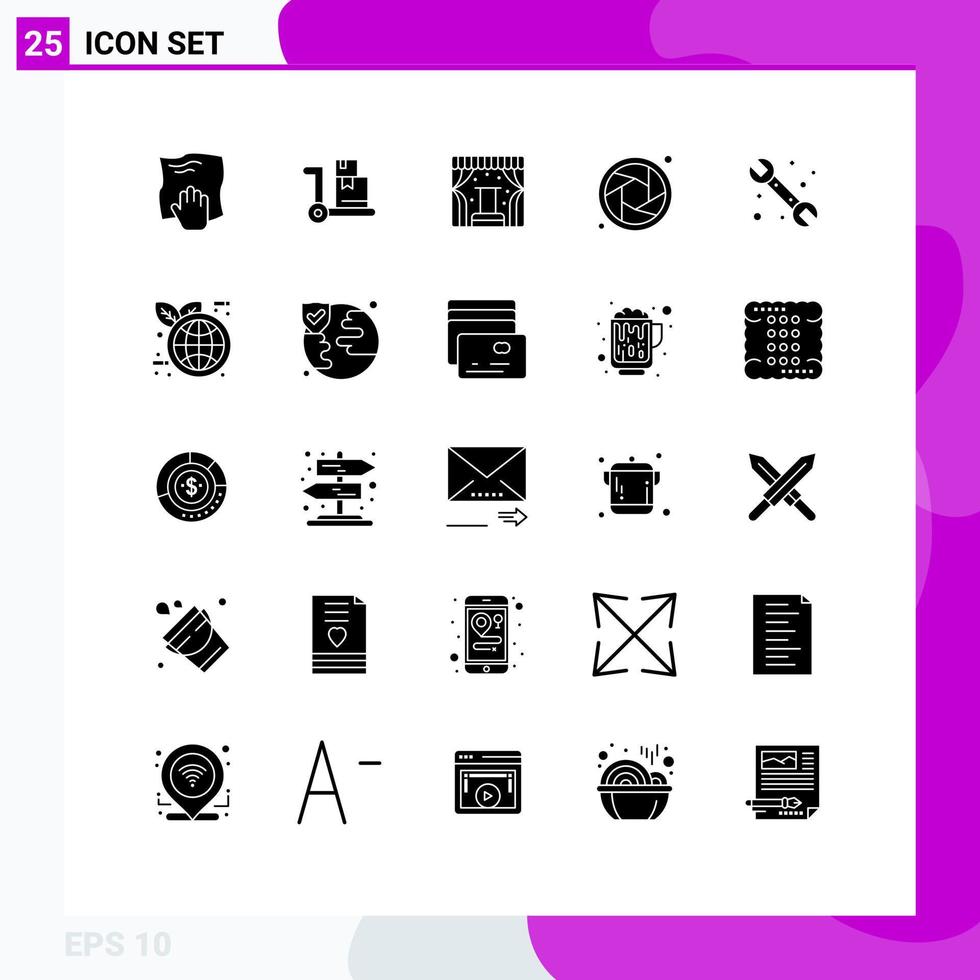Editable Vector Line Pack of 25 Simple Solid Glyphs of plumbing mechanical concert shutter camera Editable Vector Design Elements