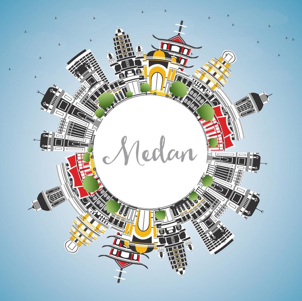 Medan Indonesia City Skyline with Color Buildings, Blue Sky and Copy Space. vector
