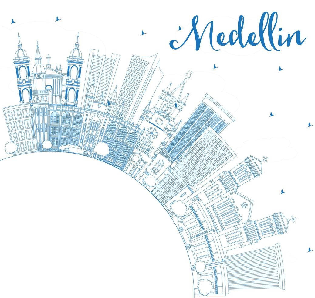 delinee el horizonte de la ciudad de medellín colombia con edificios azules y copie el espacio. vector