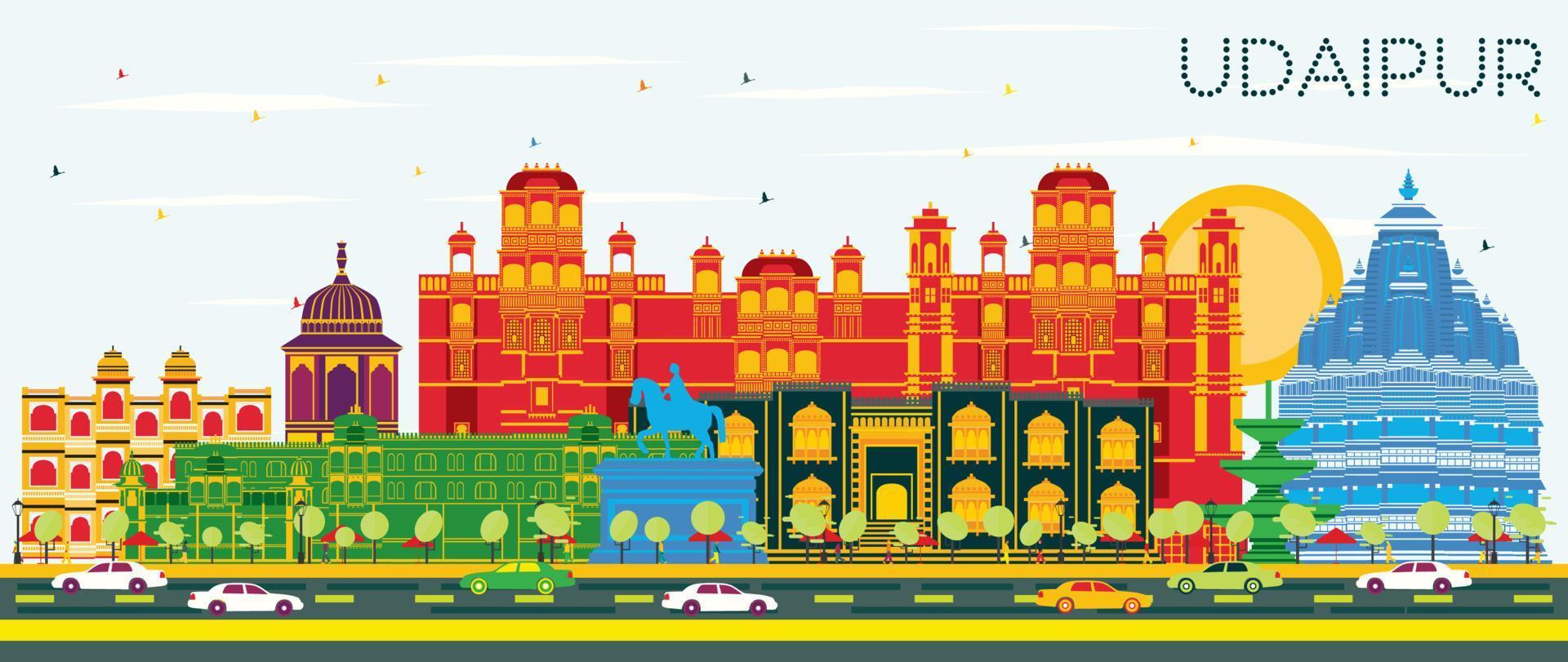 Udaipur India City Skyline with Color Buildings and Blue Sky. vector