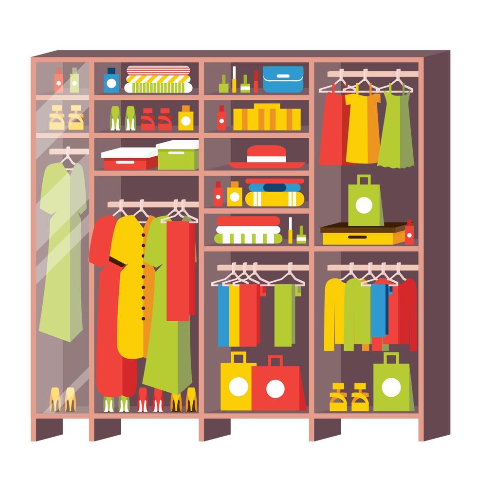 Wardrobe Closet with Drawers and Shelves From Dressing Room Isolated on White. vector