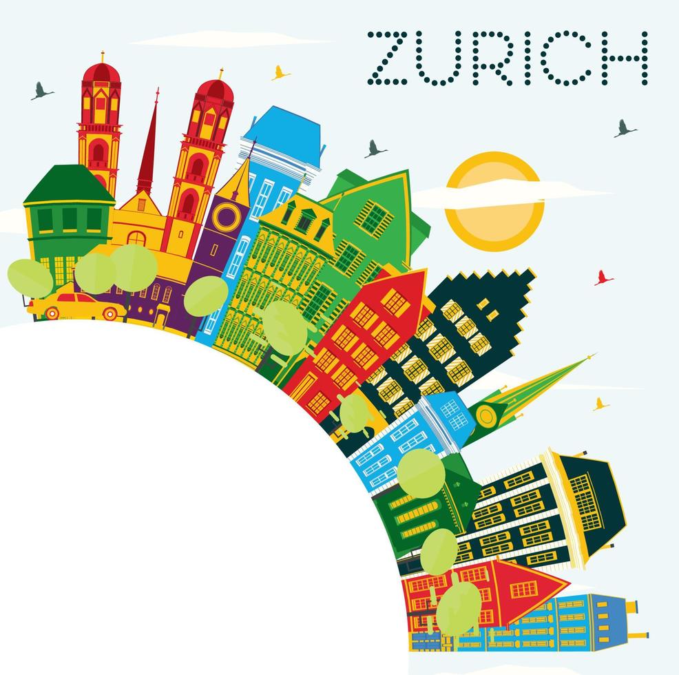 Zurich Switzerland City Skyline with Color Buildings, Blue Sky and Copy Space. vector