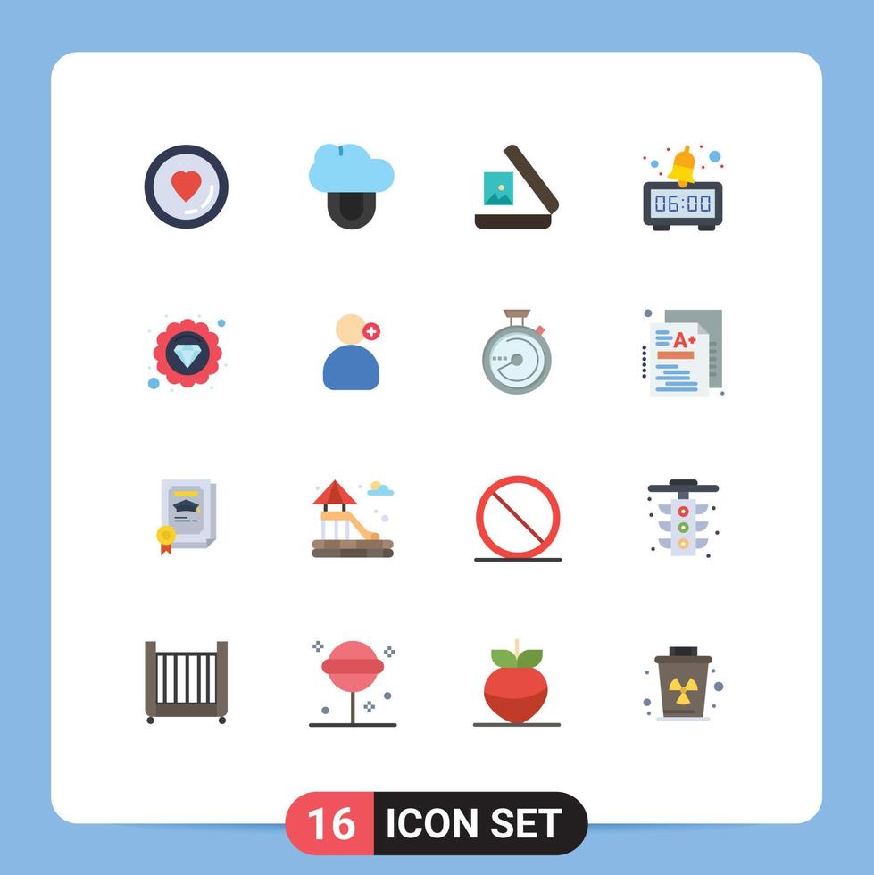 Modern Set of 16 Flat Colors and symbols such as work marketing seo gallery quality morning Editable Pack of Creative Vector Design Elements