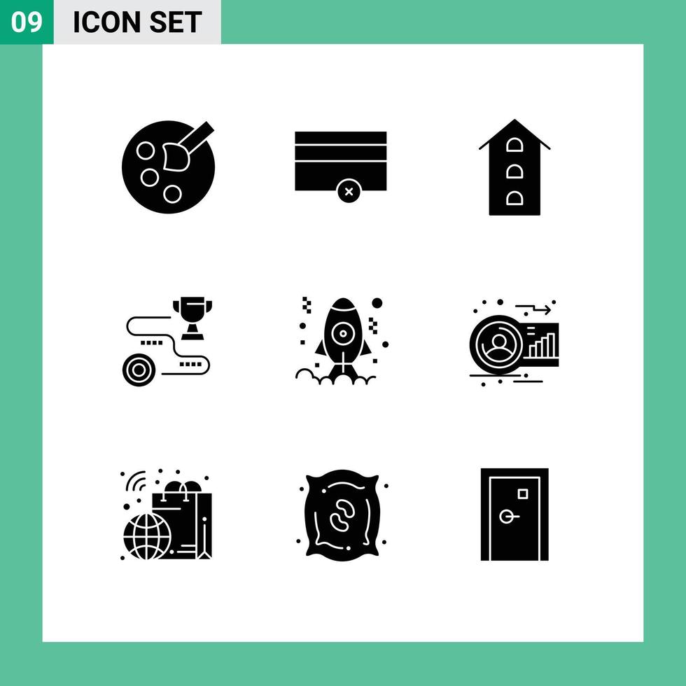 Solid Glyph Pack of 9 Universal Symbols of coding win shop front path target Editable Vector Design Elements